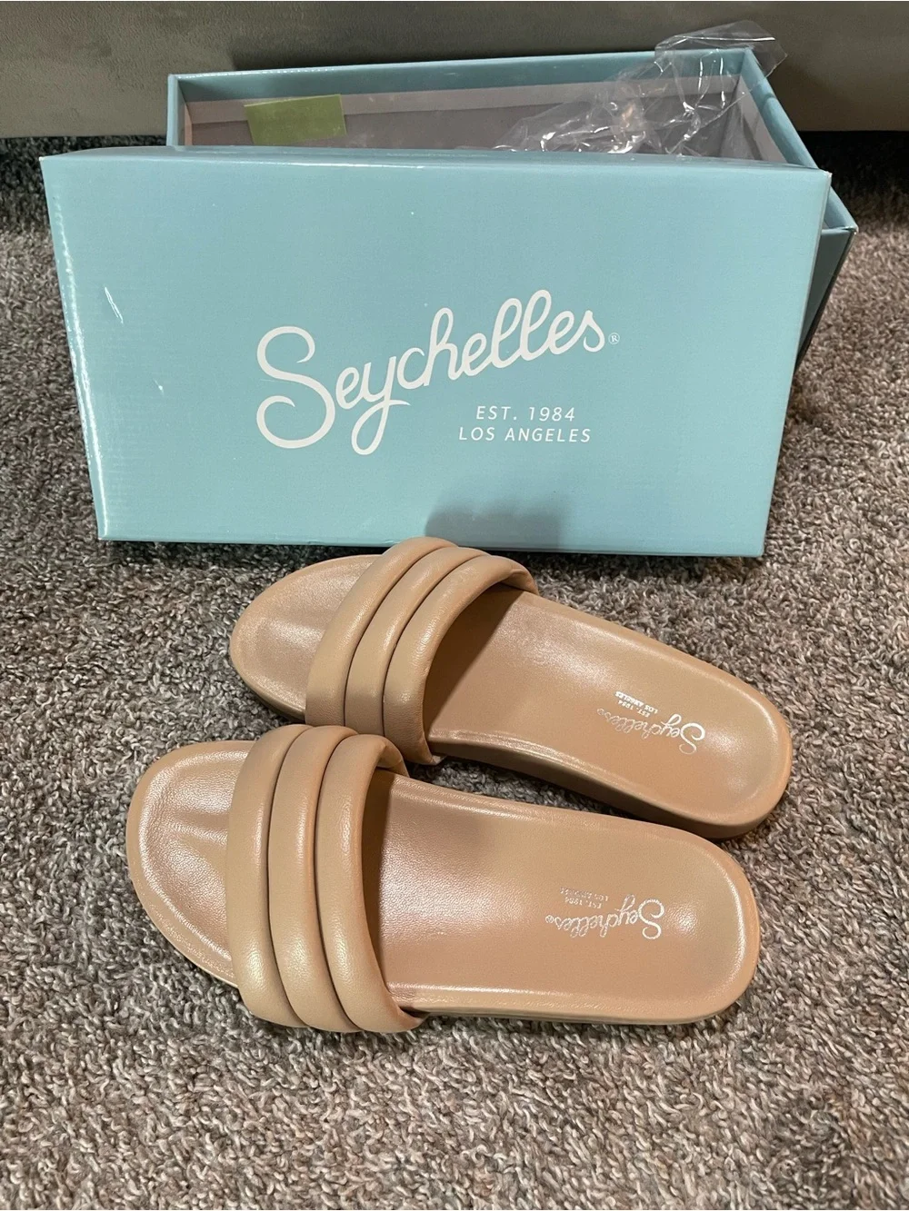 Seychelles Triple-Band Padded Slide Sandals in Light Tan
